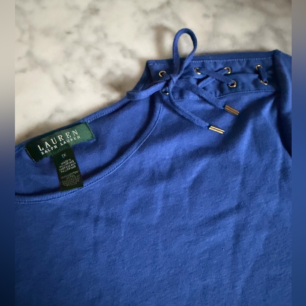 Ralph Lauren Royal Blue Short-Sleeve Crew Tee Shoulder Corset Tie 100% Cotton
